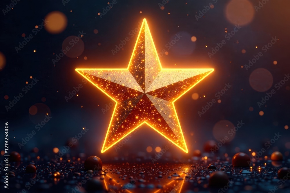 Five-pointed star, golden, radiating light and sparks , graphic, holiday, shine Five-pointed star, golden, radiating light and sparks , graphic, holiday, shine