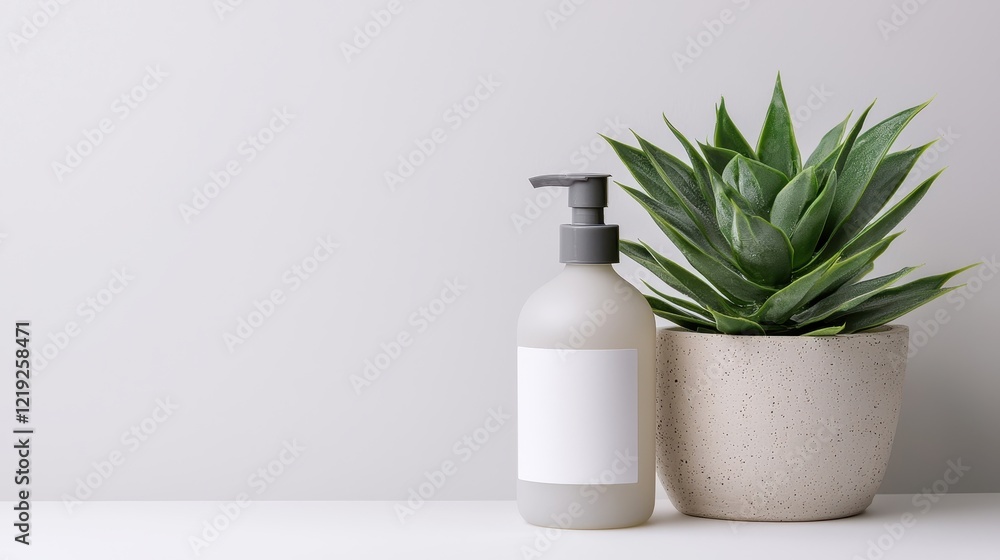 A bottle of luxurious body lotion with a minimalist label, placed beside a small potted plant, on a white background A bottle of luxurious body lotion with a minimalist label, placed beside a small potted plant, on a white background