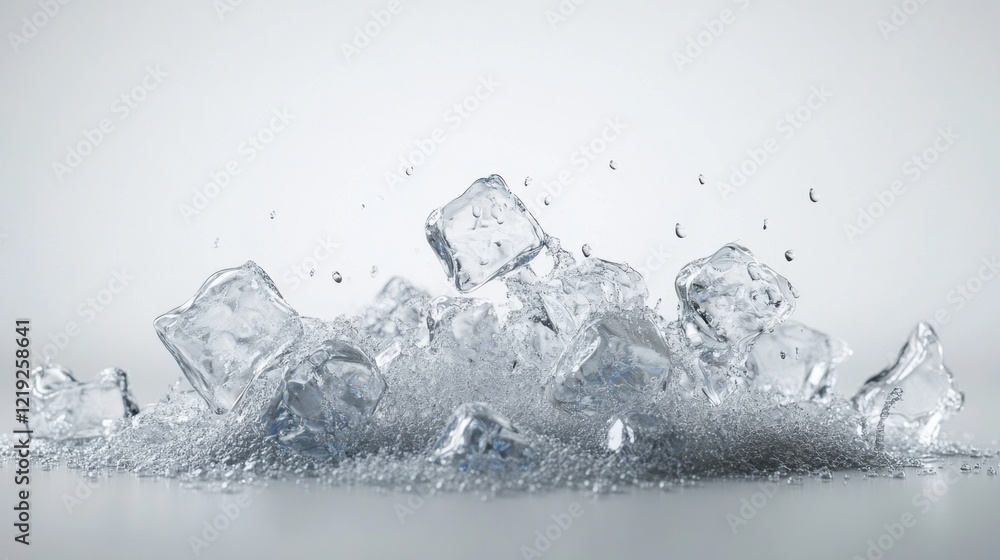 Ice Cubes Splashing on White Surface Creating Water Droplets Ice Cubes Splashing on White Surface Creating Water Droplets