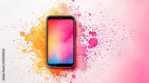 A vibrant smartphone surrounded by colorful splashes, showcasing a blend of artistic hues in a dynamic composition.