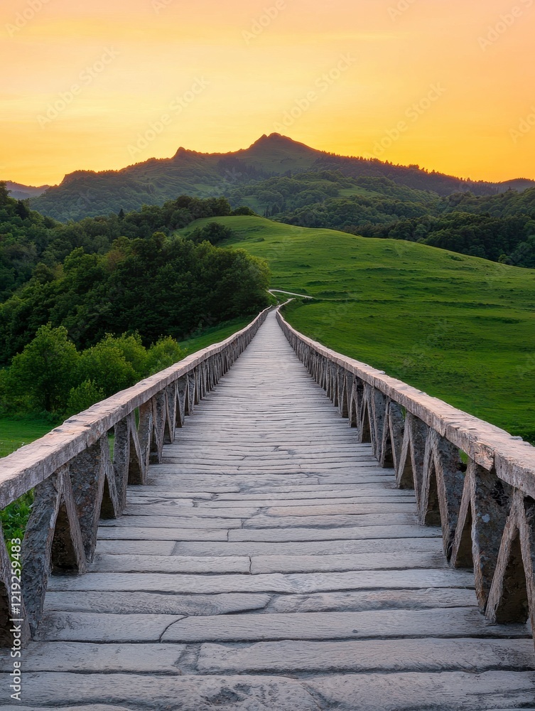 A tranquil scene of a stone bridge leading towards lush green hills under a vibrant sunset sky. A tranquil scene of a stone bridge leading towards lush green hills under a vibrant sunset sky.