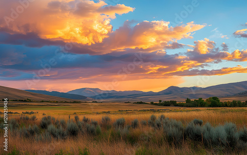 Wallpaper Mural Golden field at sunset with dramatic clouds glowing in vibrant colors, capturing the serenity of rural landscapes Torontodigital.ca