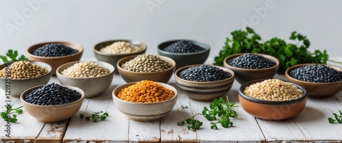 Various lentils in bowls on rustic table with herbs photo