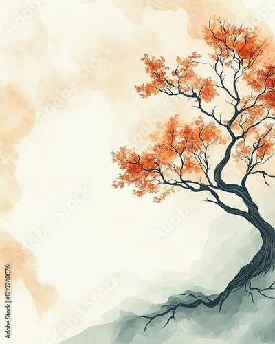 Wallpaper Mural Line art of a tree with radiant leaves growing in the top-right corner, symbolizing growth and prosperity, on a soft pastel background with a blank center Torontodigital.ca