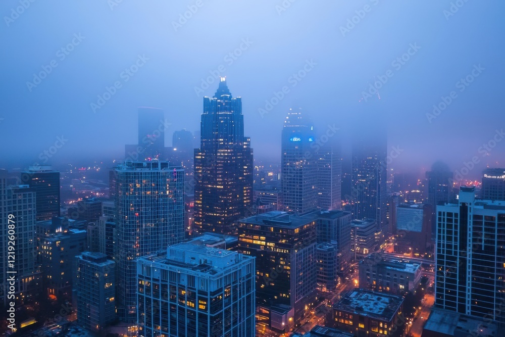 Obraz premium An aerial view of a hazy downtown cityscape at dusk, highlighting contemporary buildings and the metropolitan environment, lighted by city lights. Generative Ai