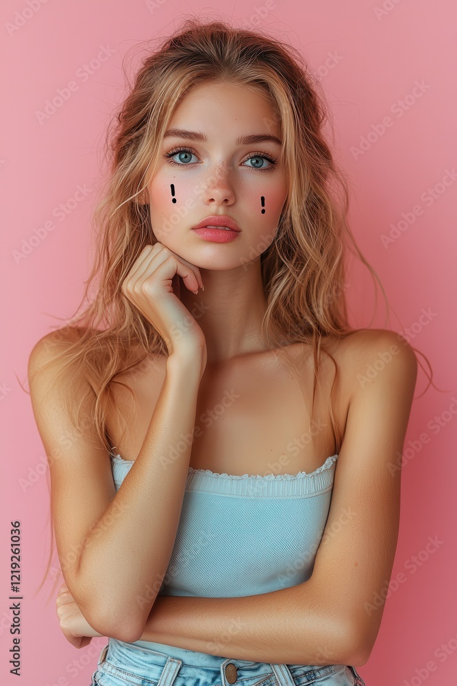 Thoughtful young woman posing against pink background with creative cheek details Thoughtful young woman posing against pink background with creative cheek details