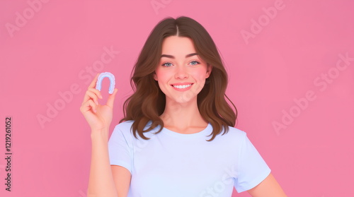 Young woman with a bright smile holding a dental aligner against a pink background. The concept is dentistry, orthodontics, beauty, and health. 
