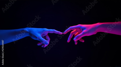 Two hands reaching with vibrant neon blue and pink lights against a dark backdrop. . It is suitable for projects that utilize abstract art, tech imagery, or convey themes of interaction and touch.