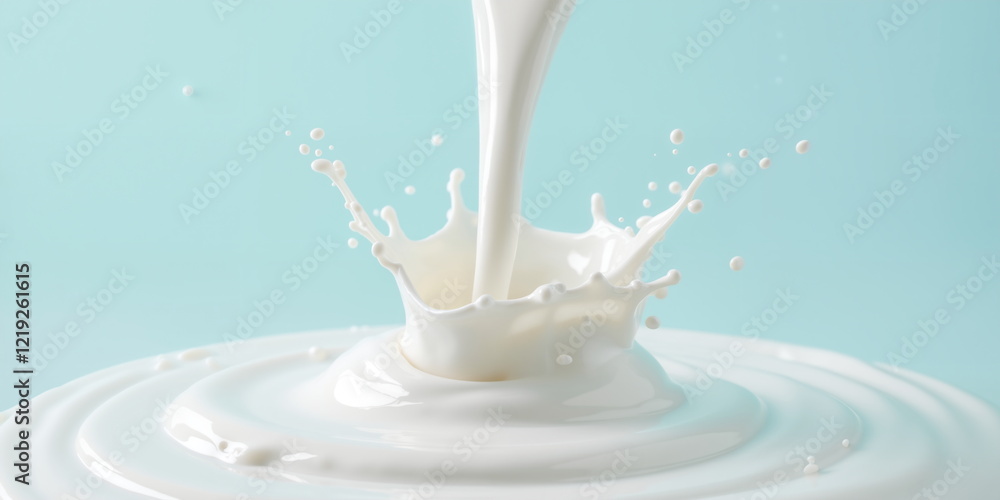 Fresh milk pouring creates dynamic splash against a soft blue background. The concept is of freshness, health, food, and liquid movement for food and beverage, health, and lifestyle-related content Fresh milk pouring creates dynamic splash against a soft blue background. The concept is of freshness, health, food, and liquid movement for food and beverage, health, and lifestyle-related content