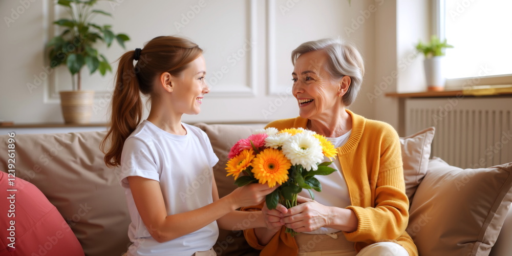 Girl giving selebration flowers to grandmother. For use in advertisements and promotional materials related to family, gifts, celebrations, birthdays, anniversaries, and holidays. It ca Girl giving selebration flowers to grandmother. For use in advertisements and promotional materials related to family, gifts, celebrations, birthdays, anniversaries, and holidays. It ca