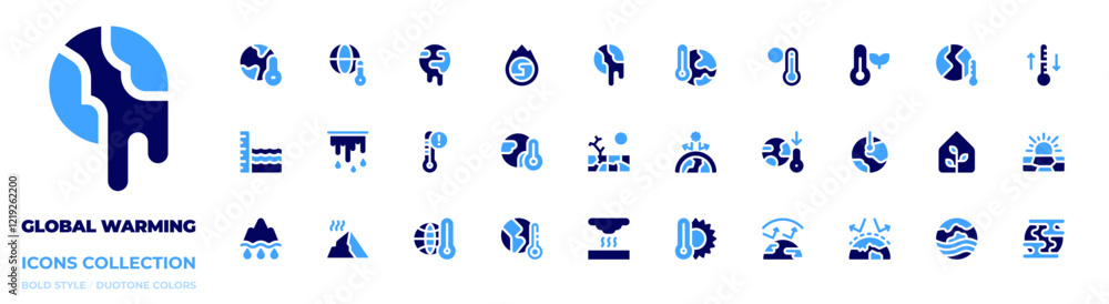 Global warming icon collection. Bold style. Duotone colors. global warming, global, sea level, melting, high temperature, heat, drought, greenhouse effect Global warming icon collection. Bold style. Duotone colors. global warming, global, sea level, melting, high temperature, heat, drought, greenhouse effect