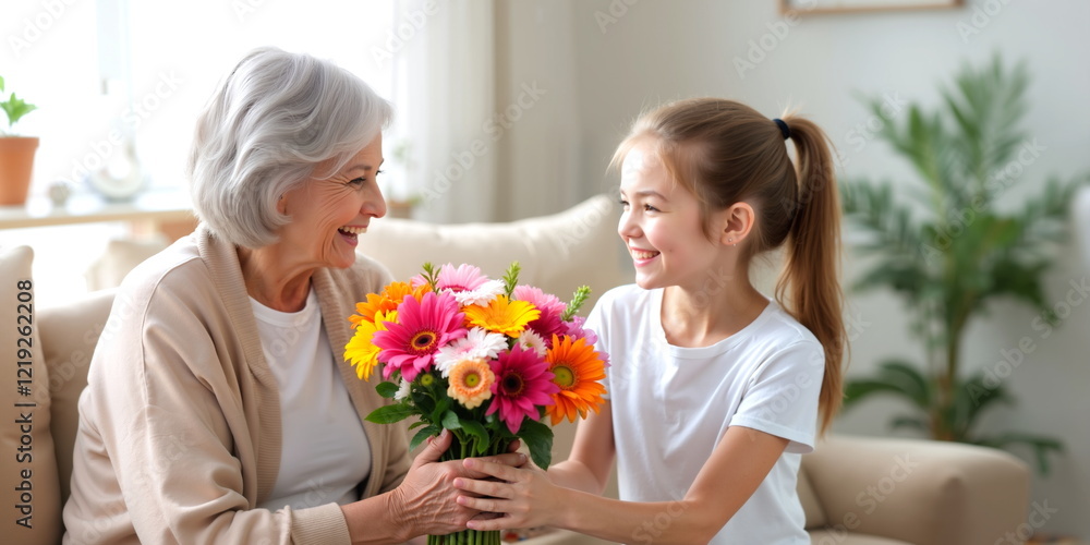 Girl giving selebration flowers to grandmother. For use in advertisements and promotional materials related to family, gifts, celebrations, birthdays, anniversaries, and holidays. It ca Girl giving selebration flowers to grandmother. For use in advertisements and promotional materials related to family, gifts, celebrations, birthdays, anniversaries, and holidays. It ca