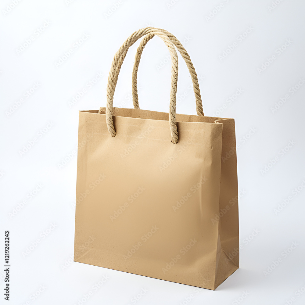 Tan paper shopping bag with rope handles. Perfect for eco-friendly branding or product packaging. Tan paper shopping bag with rope handles. Perfect for eco-friendly branding or product packaging.