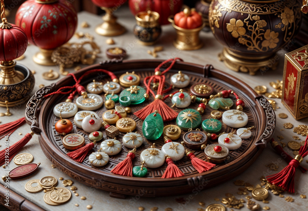 Chinese coins and red tassels in traditional style in red and green colors used for Chinese New Year. Chinese coins and red tassels in traditional style in red and green colors used for Chinese New Year.
