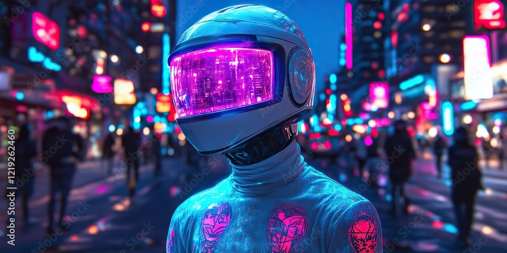 Cyberpunk character wearing a futuristic helmet and glowing tattoos, standing in a neon-lit street with towering skyscrapers and dark shadows Cyberpunk character wearing a futuristic helmet and glowing tattoos, standing in a neon-lit street with towering skyscrapers and dark shadows