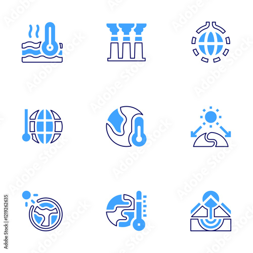 Global warming icon set. Bold line style. Duotone colors. Editable stroke. temperature, ozone layer, global warming, climate change, air pollution, greenhouse effect, melting