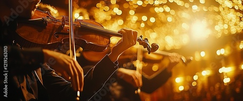 Violinists performing on stage with warm lighting.