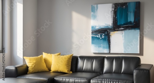 Modern living room featuring a stylish black sofa with yellow cushions and abstract wall art. photo