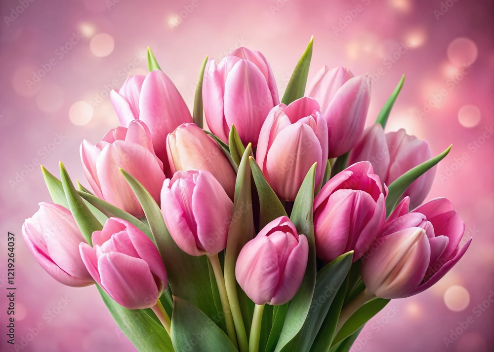 Naklejka premium Pink Tulips Bouquet on Pink Background - Spring Floral Photography
