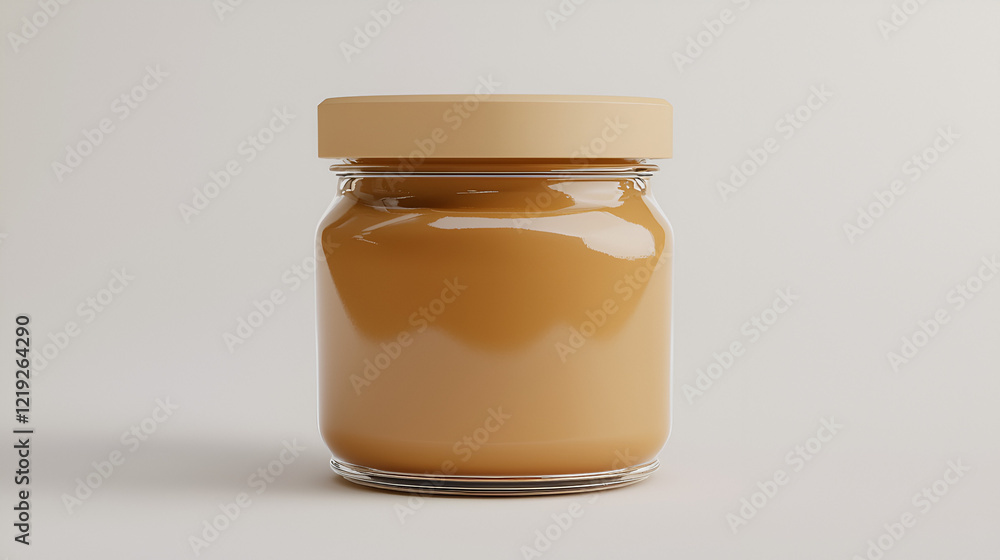 Glass jar with beige lid filled with light brown substance. Product packaging mockup. Glass jar with beige lid filled with light brown substance. Product packaging mockup.