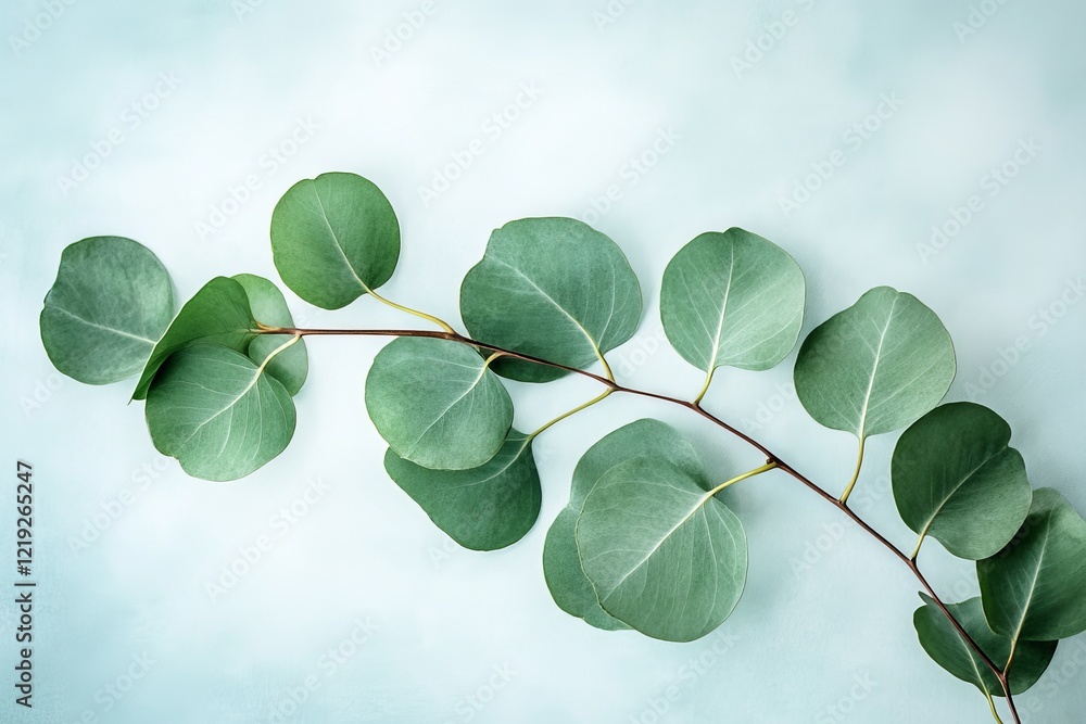 Obraz premium Watercolor eucalyptus leaves on light blue background ecofriendly