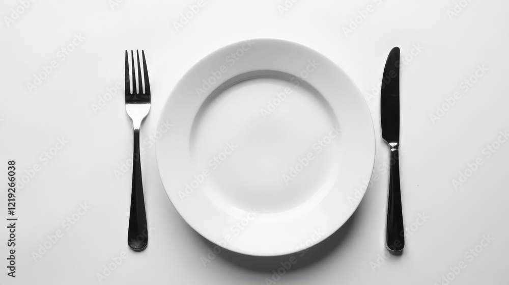 A simple place setting with an empty plate, fork, and knife on a white background, ready for a meal A simple place setting with an empty plate, fork, and knife on a white background, ready for a meal