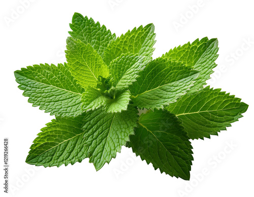  On a white background, a bright green sprig of lemon balm with sharp, serrated leaves
