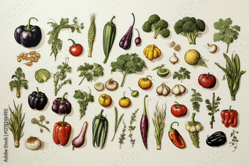 Colorful variety of vegetables in vintage botanical illustration
