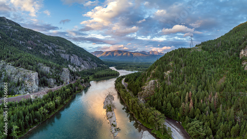 Flathead River, Hungry Horse, Montana. USA. Near western entrance of Glacier National Park.  Serene River Valley at Sunset
