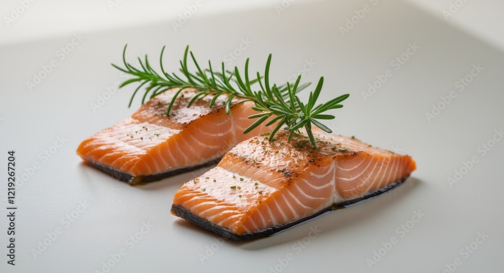 Two pieces of salmon with a sprig of rosemary on top. Two pieces of salmon with a sprig of rosemary on top.