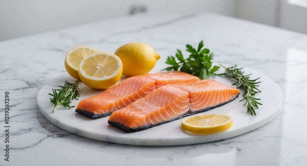 Fresh salmon fillets with lemons and herbs on marble background for culinary inspirations Fresh salmon fillets with lemons and herbs on marble background for culinary inspirations