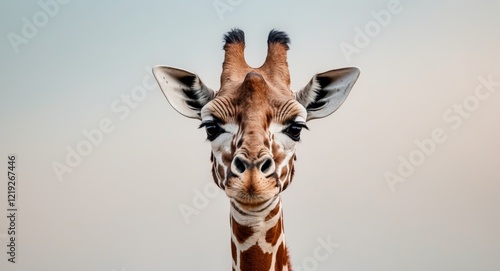 A giraffe is looking at the camera with its head tilted. photo