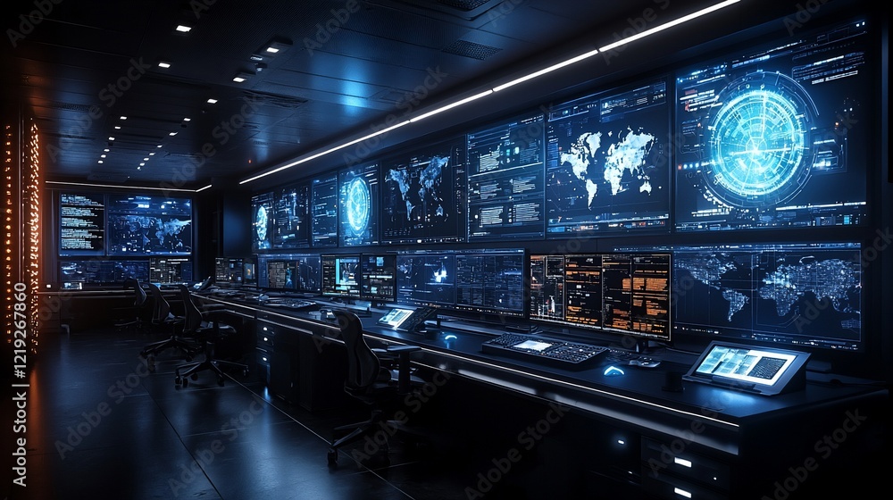 Fototapeta premium Futuristic control room with multiple screens displaying global data and network visualizations.