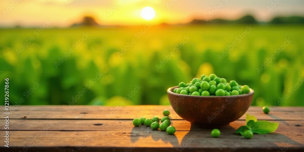 Sunset Harvest Fresh Green Peas in Rustic Bowl on Wooden Table with Blurred Field Background Sunset Harvest Fresh Green Peas in Rustic Bowl on Wooden Table with Blurred Field Background