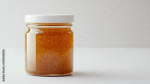 A jar of amber honey sits on a white background.  The clear glass shows the honey's texture. photo