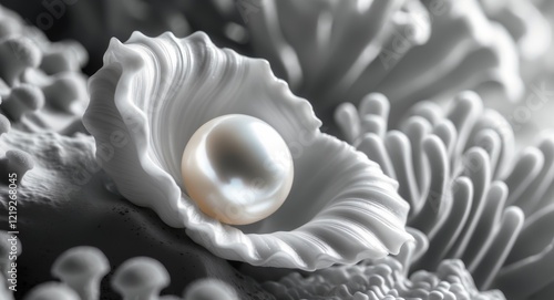 Fototapeta Naklejka Na Ścianę i Meble -  A pearl is sitting in a shell on a coral reef.