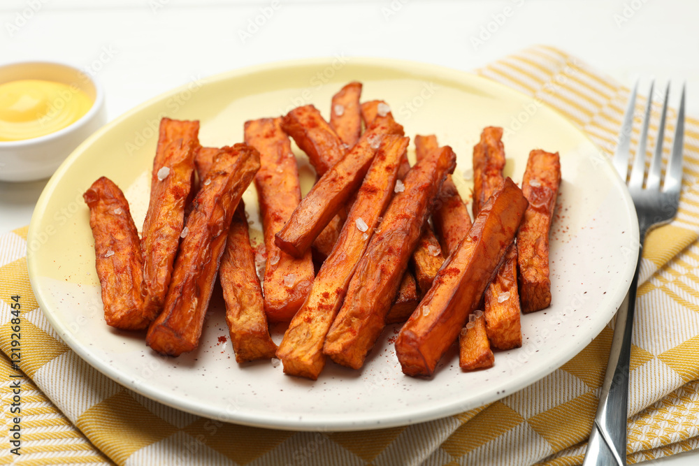 Delicious sweet potato fries and sauce on table, closeup Delicious sweet potato fries and sauce on table, closeup