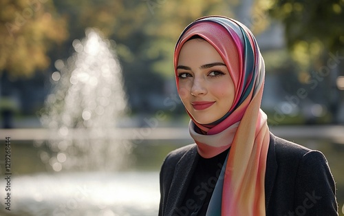 Young woman in hijab smiling outdoors. photo