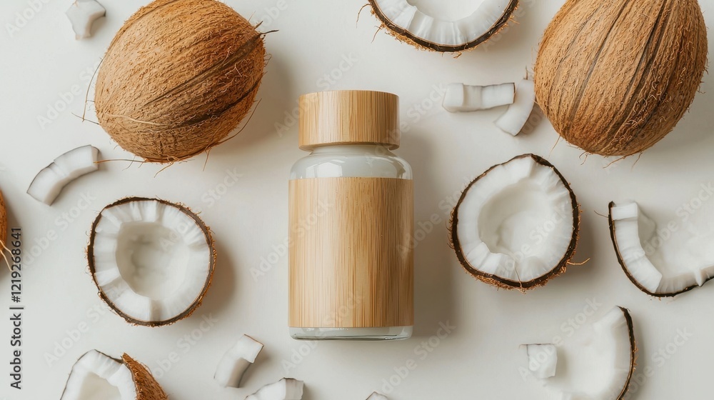 A bottle of organic cold-pressed coconut oil, with a wooden lid, placed next to fresh coconut pieces, on a white background A bottle of organic cold-pressed coconut oil, with a wooden lid, placed next to fresh coconut pieces, on a white background