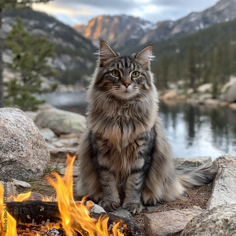 maine coon cat sitting campfire maine coon cat sitting campfire