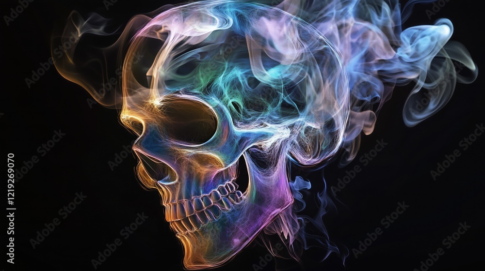 Fototapeta premium A colorful, ethereal skull composed of swirling smoke in shades of blue, purple, orange, and green, set against a stark black background, creating a visually - striking and somewhat mysterious image.