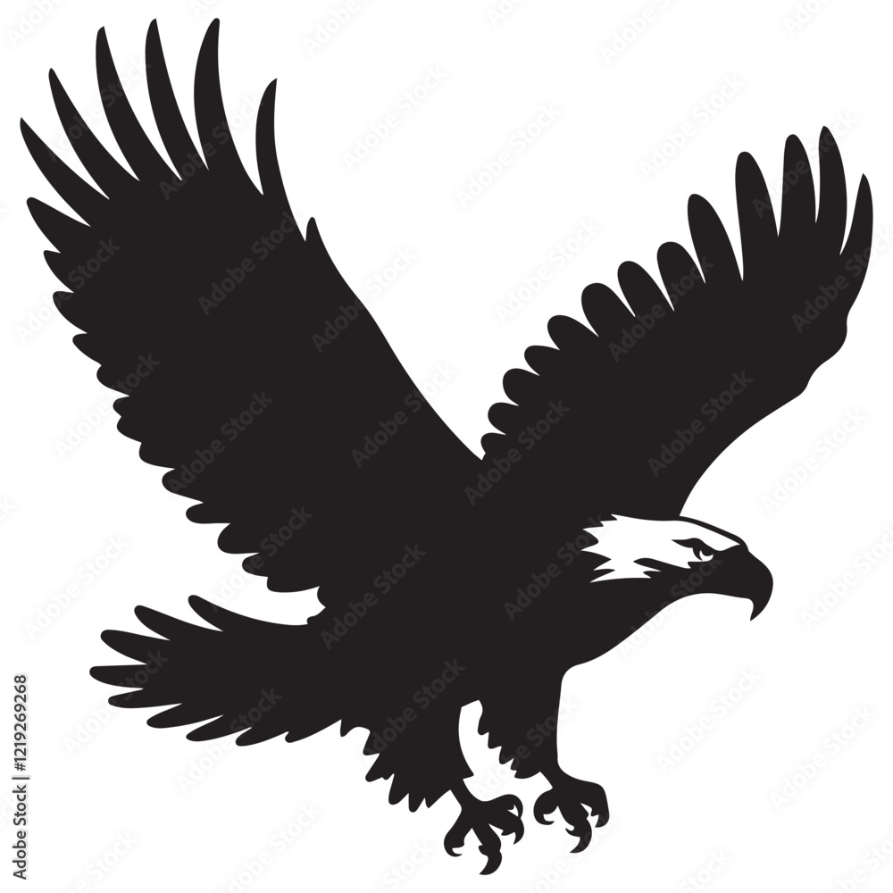 Fototapeta premium Flying Bald Eagle black and white Silhouette vector, A Bald Eagle black Silhouette Vector isolated on a white background