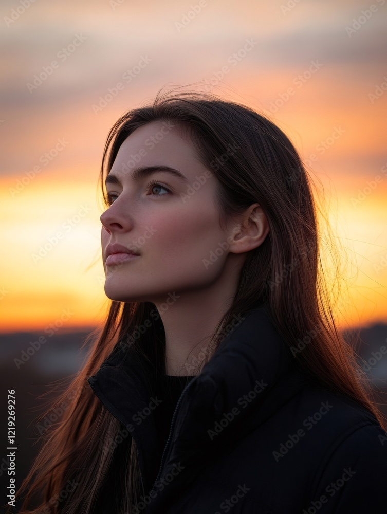 Fototapeta premium Young woman observing inspiring sunset sky with hope and faith