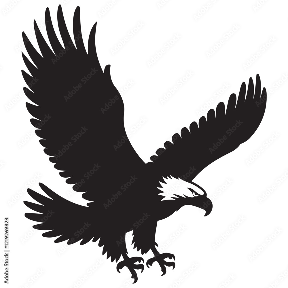 Obraz premium Flying Bald Eagle black and white Silhouette vector, A Bald Eagle black Silhouette Vector isolated on a white background