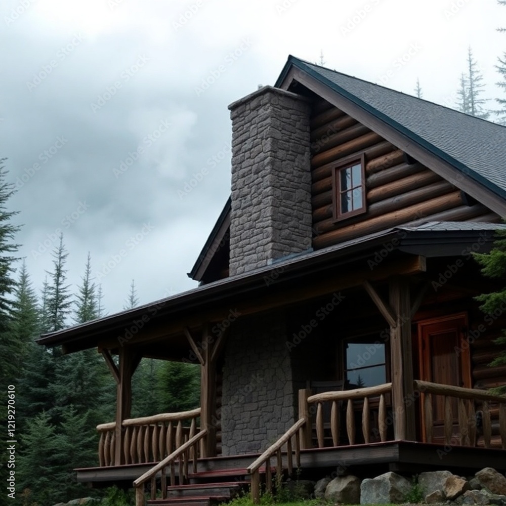 Mountain cabin with a smoking chimney Mountain cabin with a smoking chimney