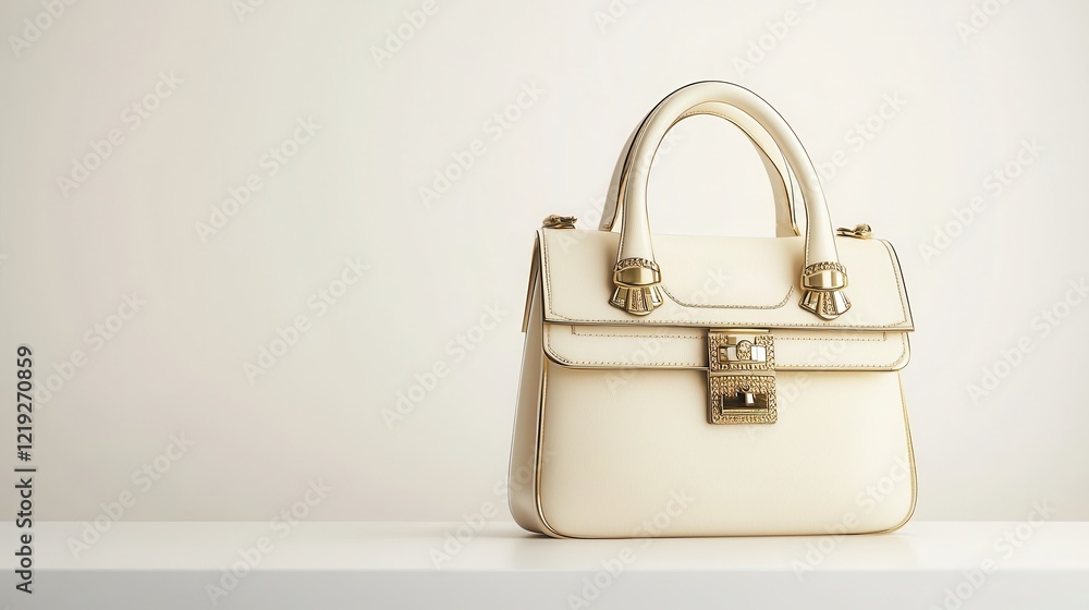 Fototapeta premium A stylish designer handbag with gold accents, placed on a white table, on a white background