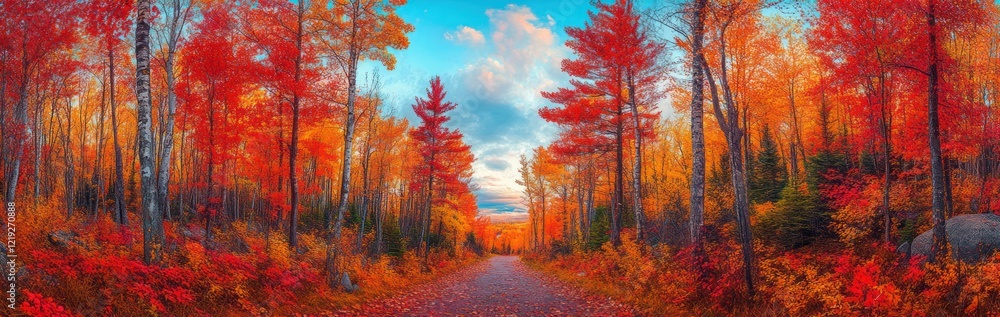Autumnal Pathway Through Vibrant Red And Gold Forest Autumnal Pathway Through Vibrant Red And Gold Forest