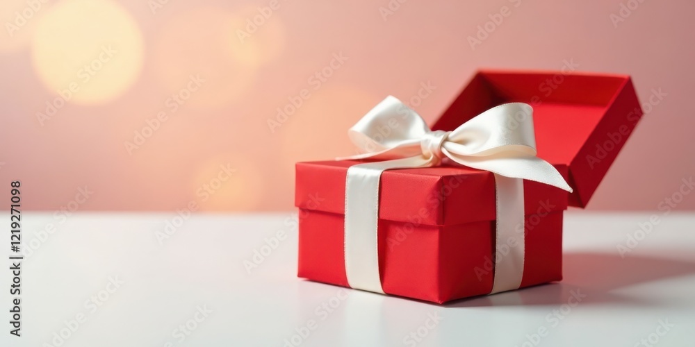 custom made wallpaper toronto digitalA partially opened red gift box with a creamy white satin ribbon bow sits on a bright white surface against a soft, blurred pink and peach background.