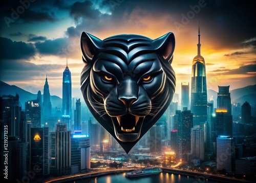 Powerful Panther Mascot Logo Design: Fierce Black Panther Head with Macau City Skyline Silhouette photo