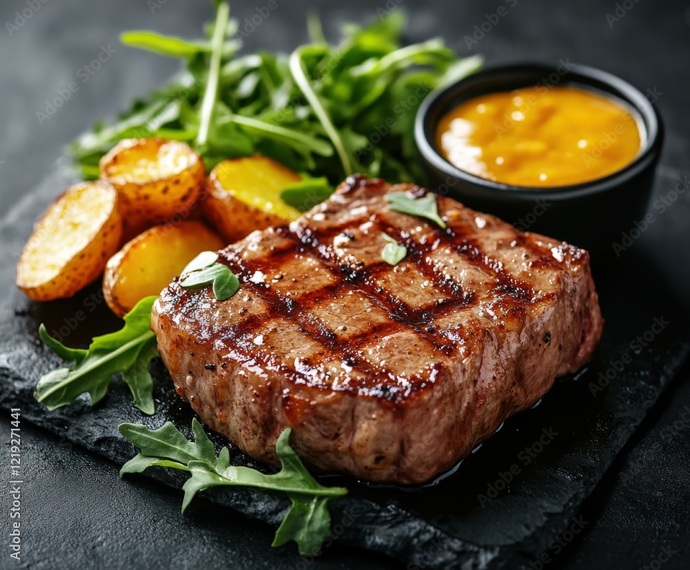 Delicious grilled steak served with roasted potatoes and greens Delicious grilled steak served with roasted potatoes and greens